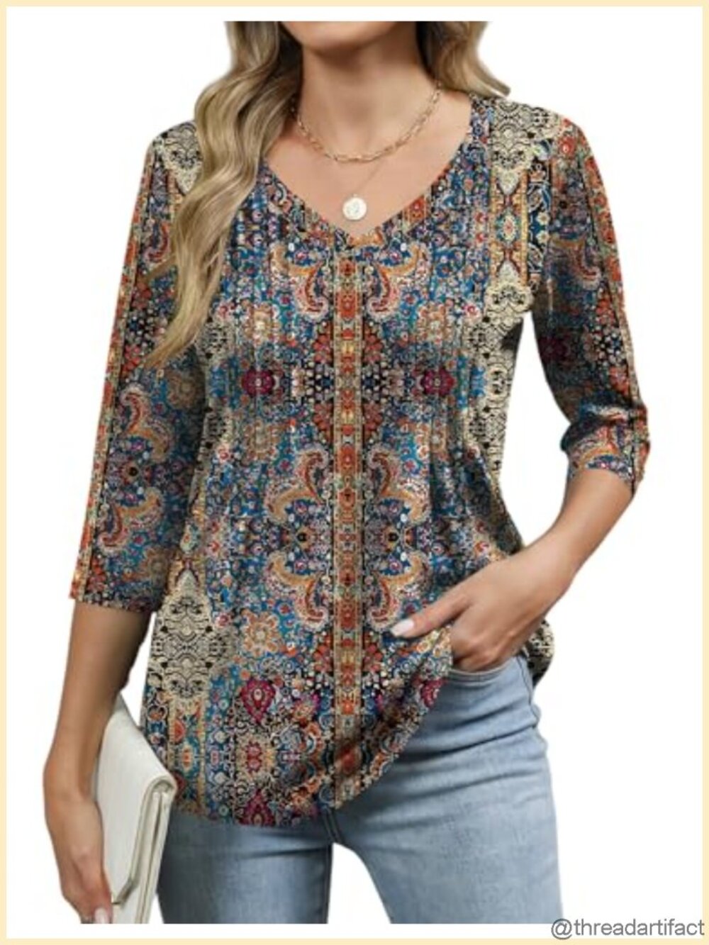Womens 3/4 Sleeve Pleated V-Neck Blouse Tunic Top Dressy Casual